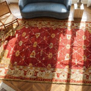 Large Scale Arts and Crafts Design Antique Red Turkish Oushak Rug (SKU 18467) - styled overhead view