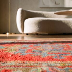 Antique Large Scale Tribal Arts and Crafts Design Red Turkish Oushak Very Long Wool Hallway Runner Rug (SKU 21290) - in-room detail