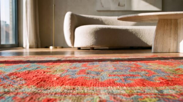 Antique large scale tribal arts and crafts design red turkish oushak very long wool hallway runner rug (sku 21290) - in-room detail