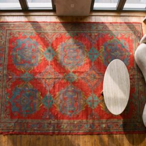 Antique Large Scale Tribal Arts and Crafts Design Red Turkish Oushak Very Long Wool Hallway Runner Rug (SKU 21290) - styled overhead view