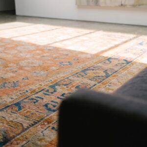 Large Scale Tribal Design Antique Decorative Coral Turkish Angora Oushak Rug (SKU 20451) - in-room detail