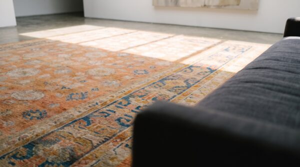 Large scale tribal design antique decorative coral turkish angora oushak rug 7 Large scale tribal design antique decorative coral turkish angora oushak rug (sku 20451) - in-room detail