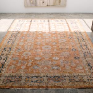 Large Scale Tribal Design Antique Decorative Coral Turkish Angora Oushak Rug (SKU 20451) - styled overhead view