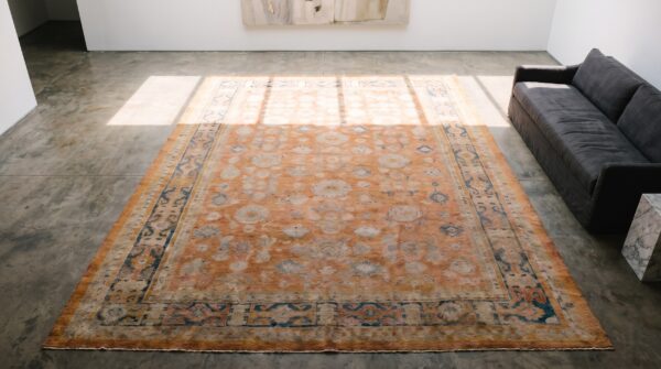 Large scale tribal design antique decorative coral turkish angora oushak rug 2 Large scale tribal design antique decorative coral turkish angora oushak rug (sku 20451) - styled overhead view