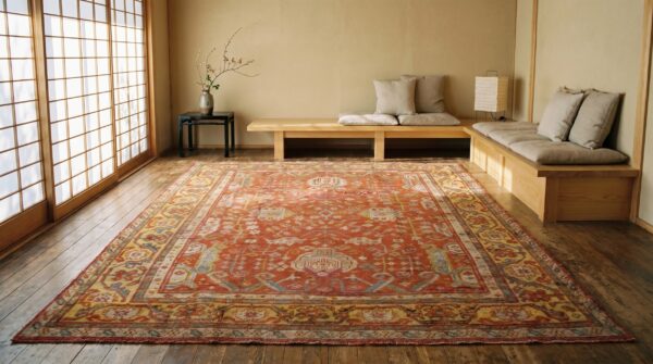 Large scale tribal palmette pattern antique rustic turkish oushak room size rug 10 Large scale tribal palmette pattern antique rustic turkish oushak room size rug (sku 18727) - room view