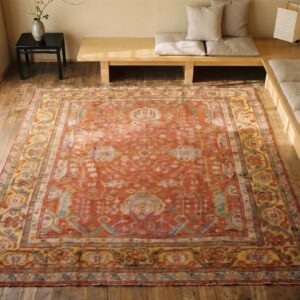 Large Scale Tribal Palmette Pattern Antique Rustic Turkish Oushak Room Size Rug (SKU 18727) - styled overhead view