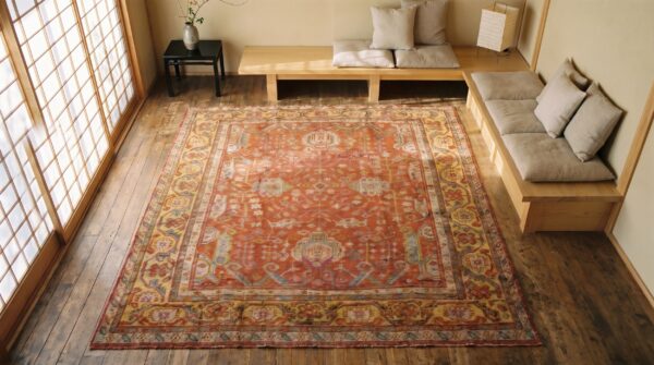 Large scale tribal palmette pattern antique rustic turkish oushak room size rug 2 Large scale tribal palmette pattern antique rustic turkish oushak room size rug (sku 18727) - styled overhead view