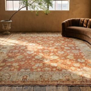 Large Scale Tribal Pattern Antique Rustic Coral Square Turkish Oushak Rug (SKU 17914) - room view