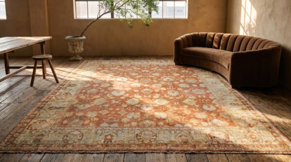 Large scale tribal pattern antique rustic coral square turkish oushak rug 9 Large scale tribal pattern antique rustic coral square turkish oushak rug (sku 17914) - room view