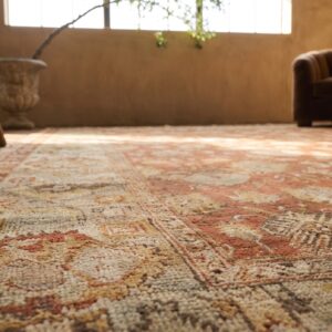 Large Scale Tribal Pattern Antique Rustic Coral Square Turkish Oushak Rug (SKU 17914) - in-room detail