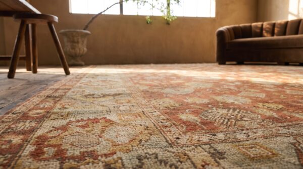 Large scale tribal pattern antique rustic coral square turkish oushak rug 10 Large scale tribal pattern antique rustic coral square turkish oushak rug (sku 17914) - in-room detail