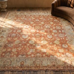 Large Scale Tribal Pattern Antique Rustic Coral Square Turkish Oushak Rug (SKU 17914) - styled overhead view