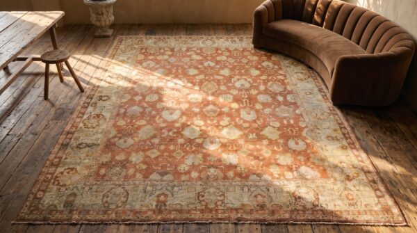 Large scale tribal pattern antique rustic coral square turkish oushak rug 2 Large scale tribal pattern antique rustic coral square turkish oushak rug (sku 17914) - styled overhead view