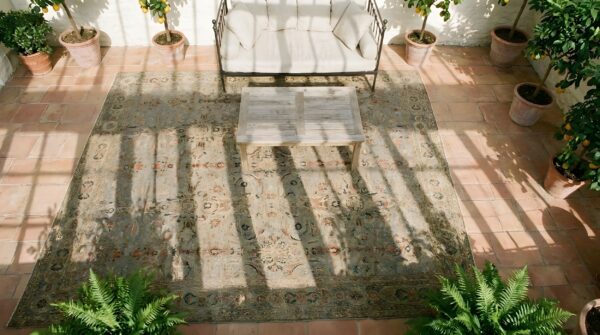 Antique large sivas turkish allover geometric knotted rug (sku 24086) - styled overhead view