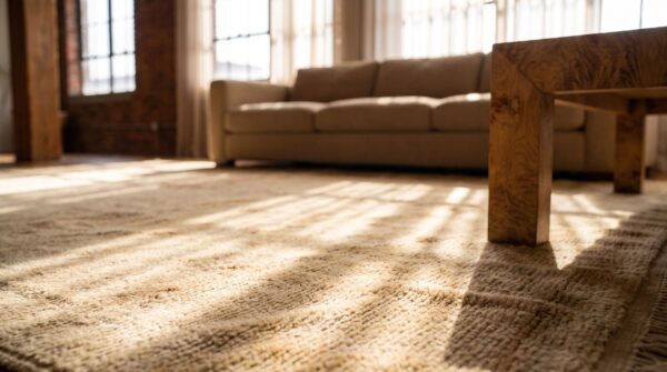 Antique large size abstract warm light ivory color turkish oushak rug 6 Antique large size abstract warm light ivory color turkish oushak rug (sku 21378) - in-room detail