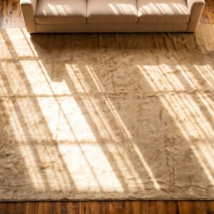 Antique Large Size Abstract Warm Light Ivory Color Turkish Oushak Rug (SKU 21378) - styled overhead view
