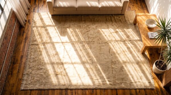 Antique large size abstract warm light ivory color turkish oushak rug 2 Antique large size abstract warm light ivory color turkish oushak rug (sku 21378) - styled overhead view