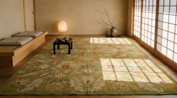 Antique large size allover big scale tribal floral pattern green turkish oushak rug (sku 19817) - room view