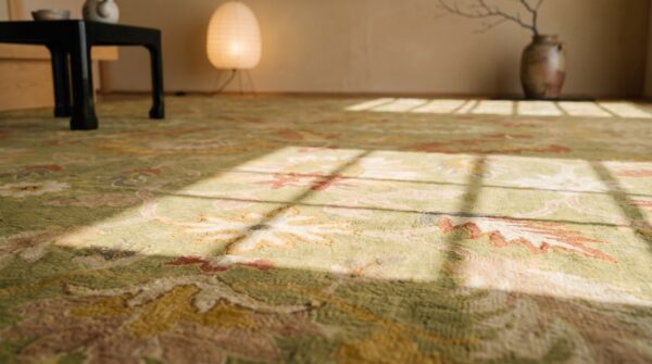 Antique large size allover big scale tribal floral pattern green turkish oushak rug (sku 19817) - in-room detail