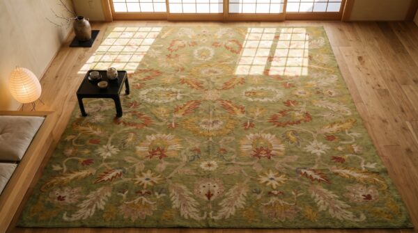 Antique large size allover big scale tribal floral pattern green turkish oushak rug (sku 19817) - styled overhead view