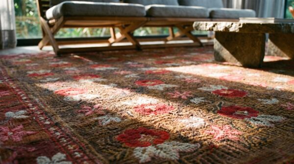 Antique large size american folk art rose pattern hooked rug 13 Antique large size american folk art rose pattern hooked rug (sku 21653) - in-room detail