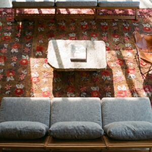 Antique Large Size American Folk Art Rose Pattern Hooked Rug (SKU 21653) - styled overhead view