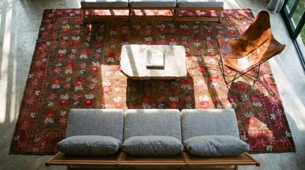 Antique large size american folk art rose pattern hooked rug 2 Antique large size american folk art rose pattern hooked rug (sku 21653) - styled overhead view