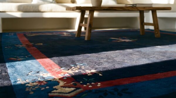 Large size bird of paradise foo dog design antique blue chinese peking rug 6 Large size bird of paradise foo dog design antique blue chinese peking rug (sku 23571) - in-room detail