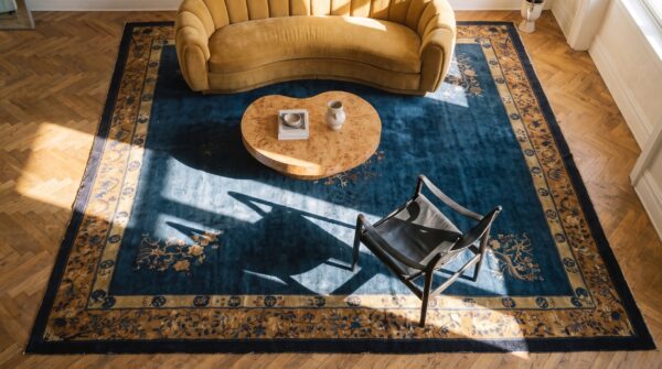 Large size blue color background antique peking chinese rug (sku 24849) - styled overhead view