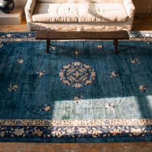 Large Size Antique Blue Color Floral Pattern Peking Chinese Area Rug (SKU 25084) - styled overhead view