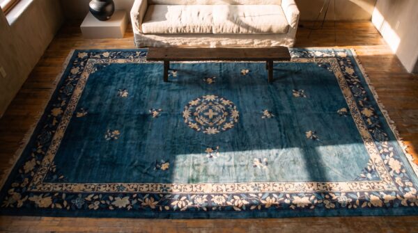 Large size antique blue color floral pattern peking chinese area rug 2 Large size antique blue color floral pattern peking chinese area rug (sku 25084) - styled overhead view