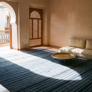 Large Size Blue Color Stripe Pattern Antique Flat Weave Cotton Dhurrie Rug (SKU 24149) - room view