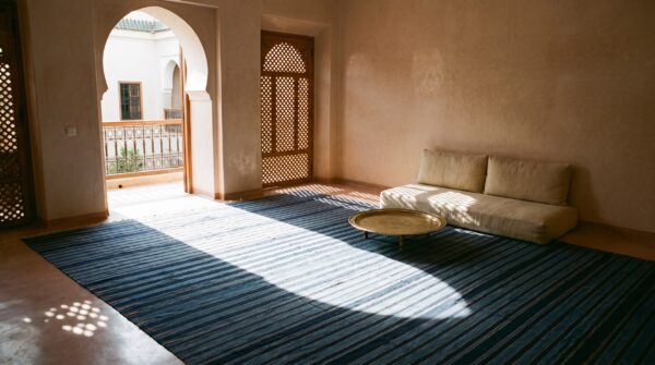 Large size blue color stripe pattern antique flat weave cotton dhurrie rug 7 Large size blue color stripe pattern antique flat weave cotton dhurrie rug (sku 24149) - room view