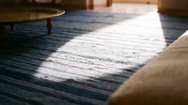 Large size blue color stripe pattern antique flat weave cotton dhurrie rug 8 Large size blue color stripe pattern antique flat weave cotton dhurrie rug (sku 24149) - in-room detail
