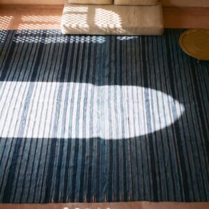 Large Size Blue Color Stripe Pattern Antique Flat Weave Cotton Dhurrie Rug (SKU 24149) - styled overhead view