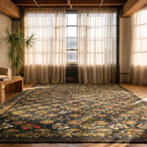 Large Size Charcoal Color Antique Floral English Flat Weave Needlepoint Carpet (SKU 20208) - room view