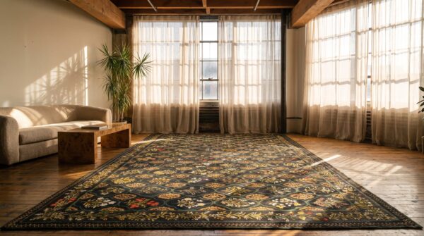 Large size charcoal color antique floral english flat weave needlepoint carpet 8 Large size charcoal color antique floral english flat weave needlepoint carpet (sku 20208) - room view
