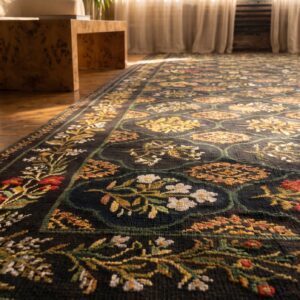 Large Size Charcoal Color Antique Floral English Flat Weave Needlepoint Carpet (SKU 20208) - in-room detail