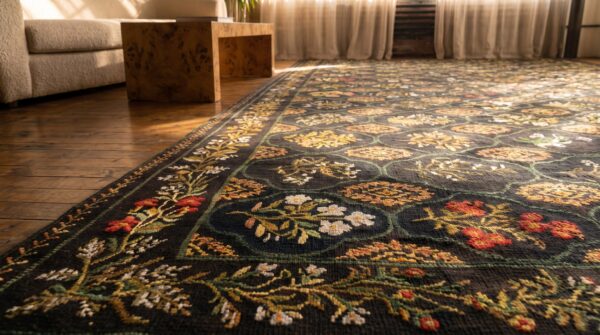 Large size charcoal color antique floral english flat weave needlepoint carpet 9 Large size charcoal color antique floral english flat weave needlepoint carpet (sku 20208) - in-room detail