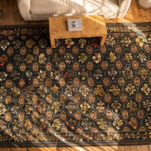 Large Size Charcoal Color Antique Floral English Flat Weave Needlepoint Carpet (SKU 20208) - styled overhead view