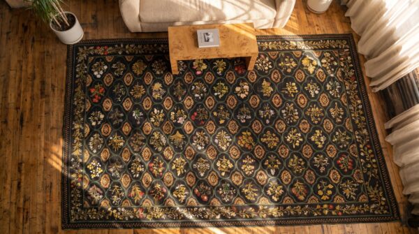Large size charcoal color antique floral english flat weave needlepoint carpet 2 Large size charcoal color antique floral english flat weave needlepoint carpet (sku 20208) - styled overhead view