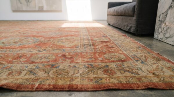 Antique large size coral allover large scale design turkish oushak carpet (sku 19460) - in-room detail