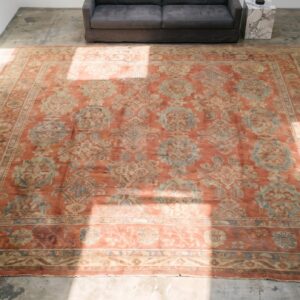 Antique Large Size Coral Allover Large Scale Design Turkish Oushak Carpet (SKU 19460) - styled overhead view