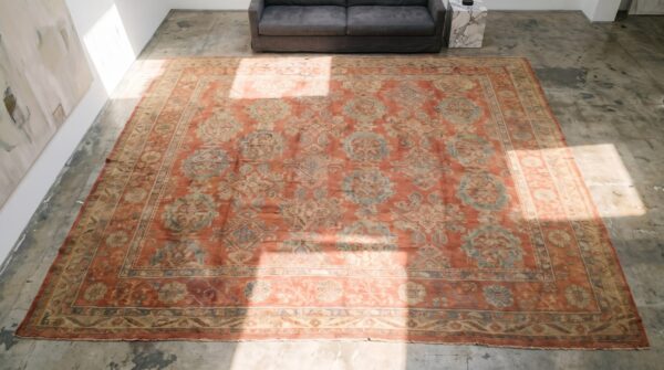 Antique large size coral allover large scale design turkish oushak carpet (sku 19460) - styled overhead view