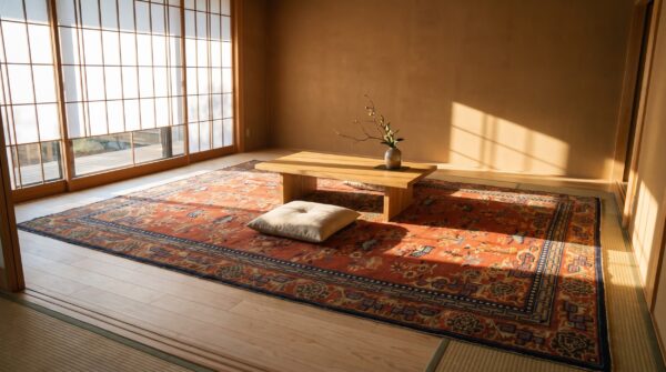 Antique large size coral chinese hand knotted wool pile rug 7 Antique large size coral chinese hand knotted wool pile rug (sku 25296) - room view