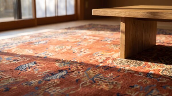 Antique large size coral chinese hand knotted wool pile rug 8 Antique large size coral chinese hand knotted wool pile rug (sku 25296) - in-room detail