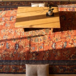 Antique Large Size Coral Chinese Hand Knotted Wool Pile Rug (SKU 25296) - styled overhead view