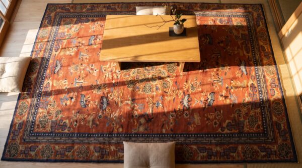 Antique large size coral chinese hand knotted wool pile rug 2 Antique large size coral chinese hand knotted wool pile rug (sku 25296) - styled overhead view