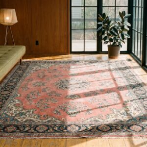 Antique Large Size Coral Floral Persian Khorassan Knotted Rug (SKU 20093) - room view