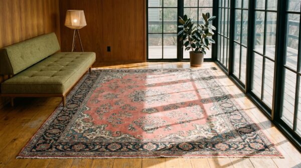 Antique large size coral floral persian khorassan knotted rug 5 Antique large size coral floral persian khorassan knotted rug (sku 20093) - room view